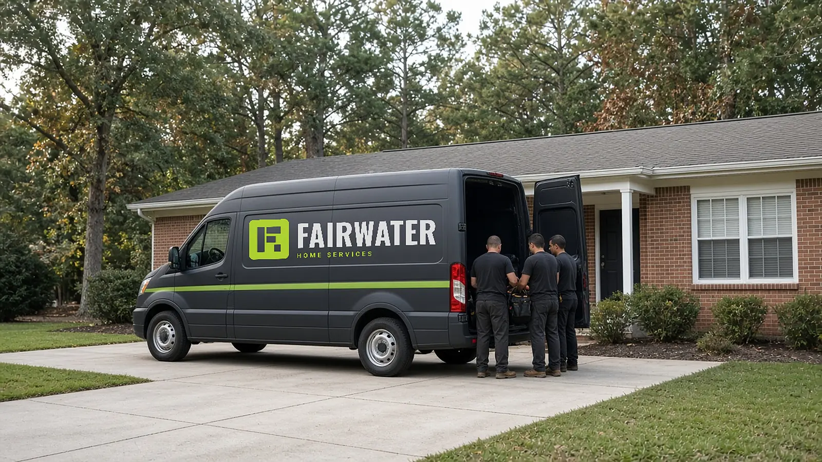 Fairwater crew loading tools into a charcoal van with Fairwater livery outside a brick ranch home