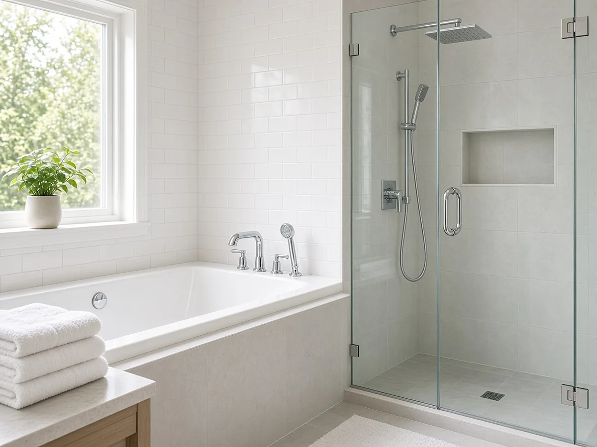 Spotless white bathroom with a gleaming tub and clear glass shower
