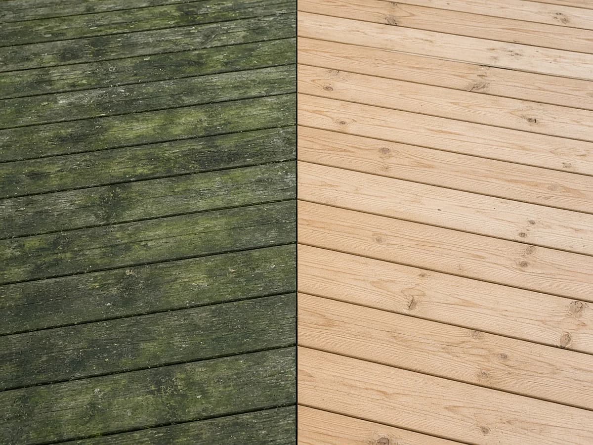 Before and after: mossy deck boards next to the same boards power washed clean