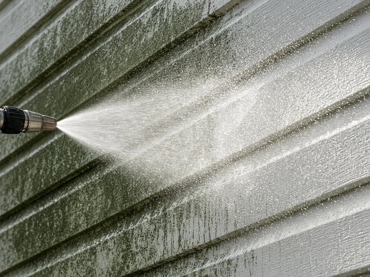 Power washer spray cutting a clean streak through algae on vinyl siding