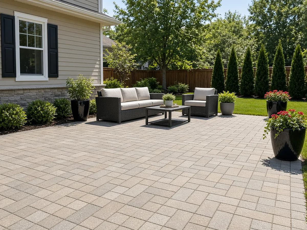 Freshly power washed paver patio with outdoor furniture